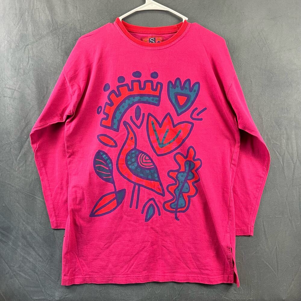 Segrets Abstract Art Graphic Print Shirt Bird Floral 3/4 Sleeve 90's Women Small